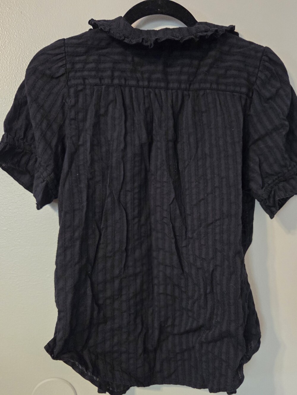 Quince Women's Black Embroidered Cotton Ruffle Collar Short Sleeve Blouse Sz L - Picture 6 of 9